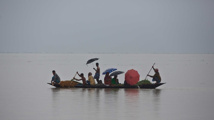 A handful of people are on a narrow kayak-style longboat as they float through waters that stretch out to the horizon.