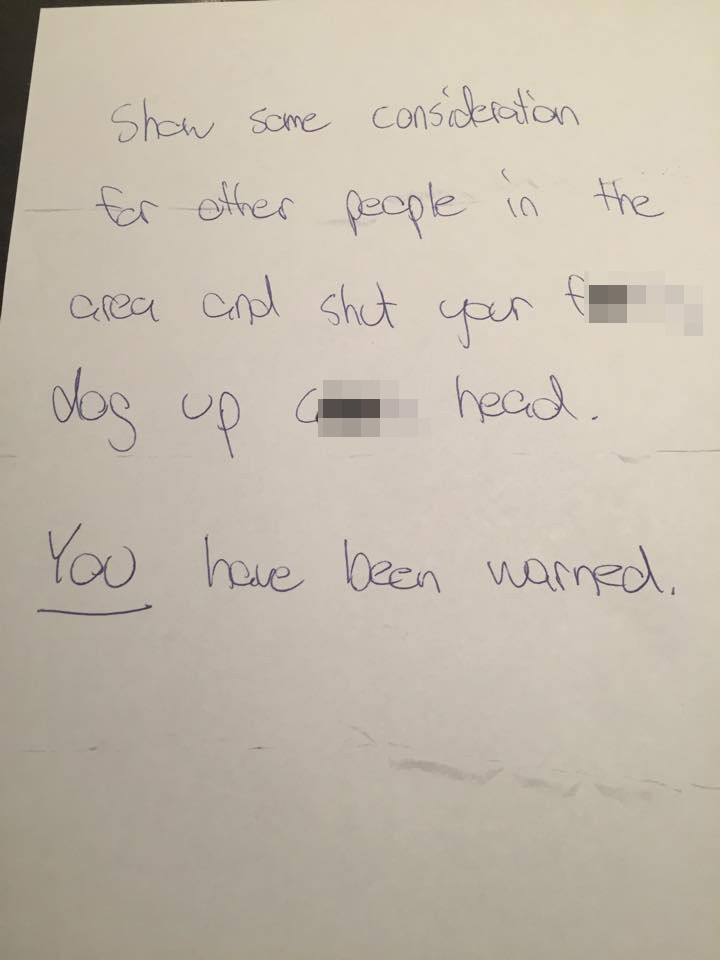 An anonymous letter sent over a barking dog
