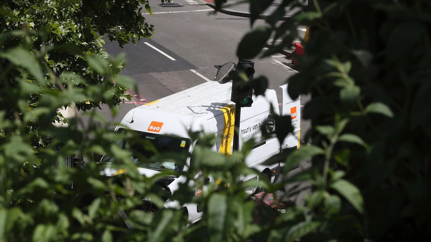 Green foliage sits in the foreground of the photo, a small white van as visible through the leaves on the road