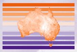 A map of Australia against a background of orange and purple stripes.