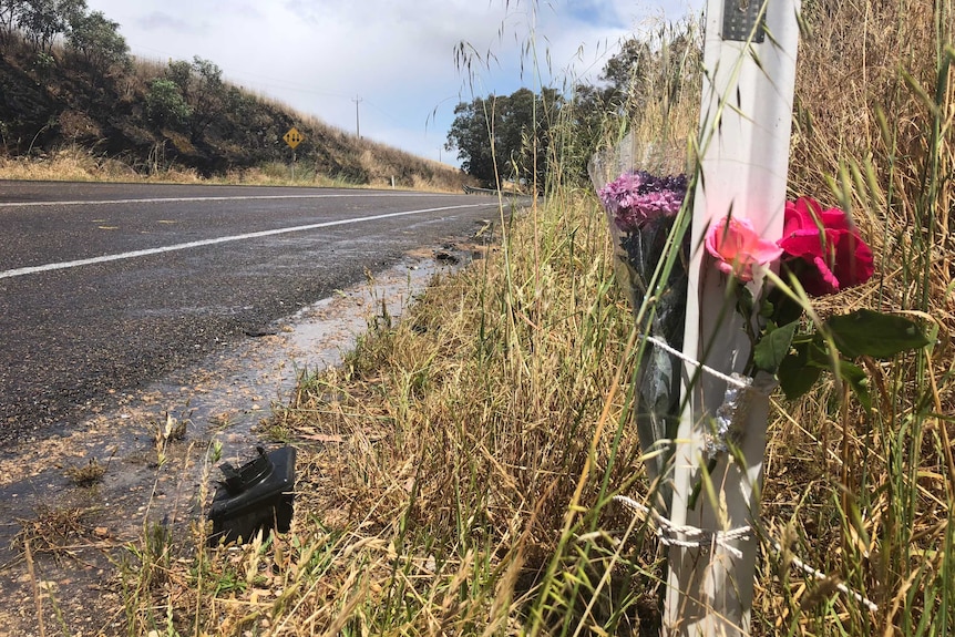 Floral tribute at crash scene where two teenagers were killed near Strathalbyn.