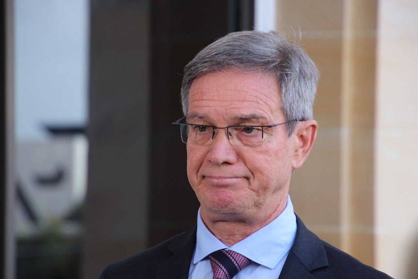 A serious looking Mike Nahan stands outside WA Parliament.