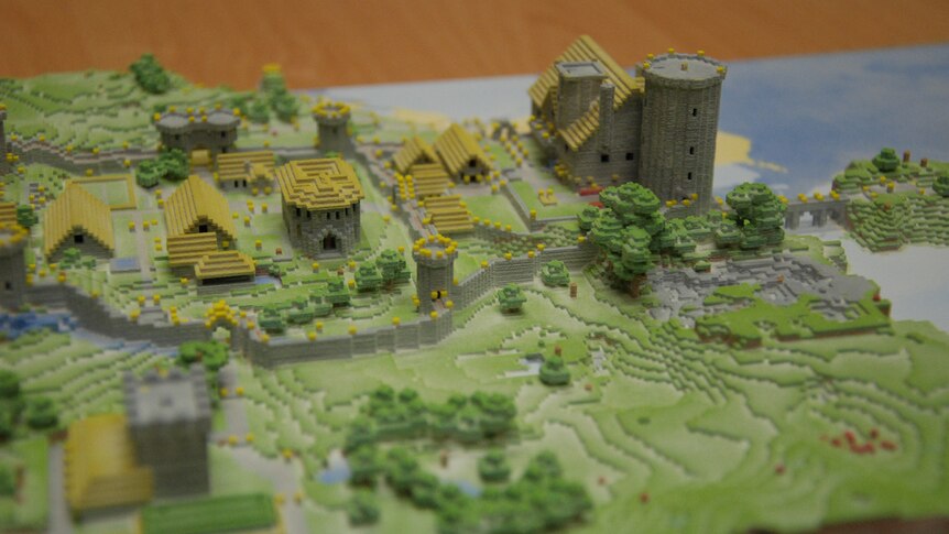 A 3D model of a Minecraft village, exported directly out of the game world and printed on a 3D printer.
