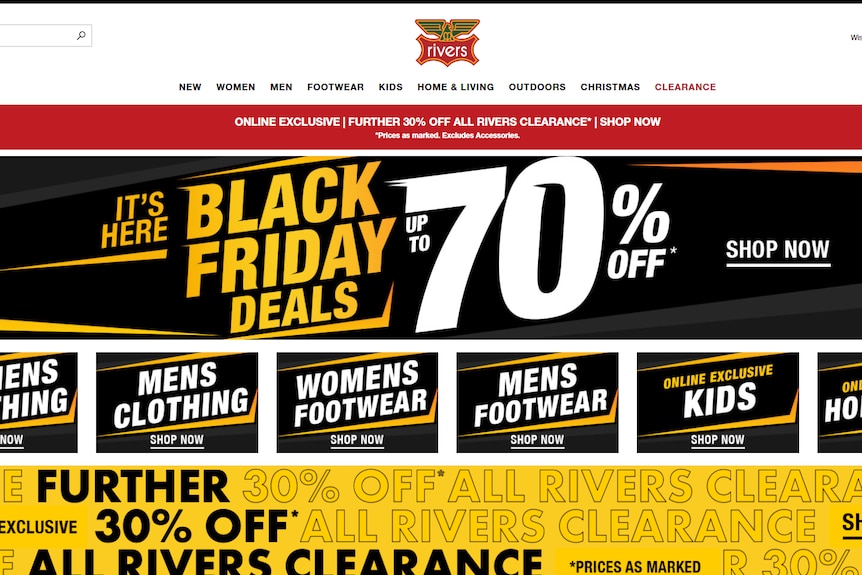 A screen shot shows an ad for 70 per cent off at Rivers during Black Friday sales.
