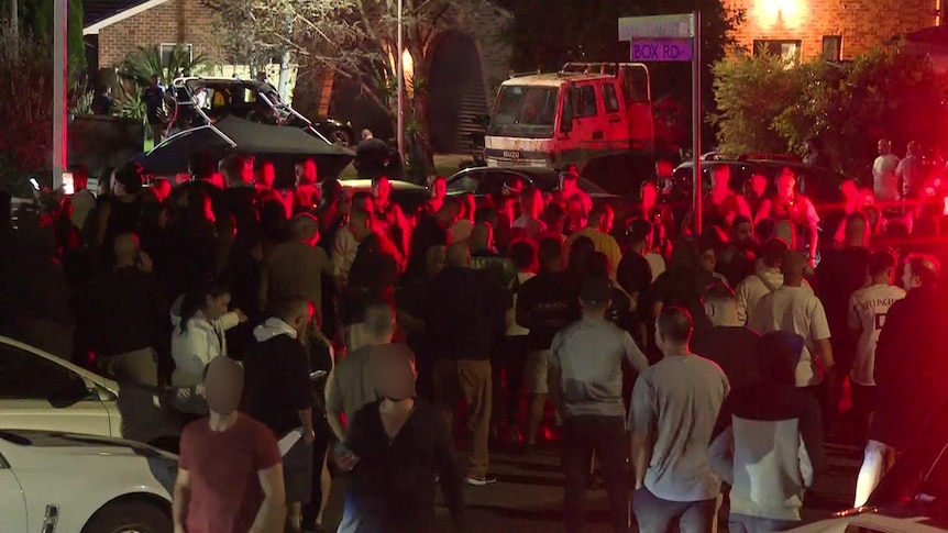 A crowd of people bathed in red light stand in a street at night.