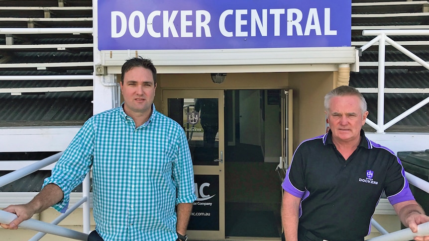Tasmanian State League general manager, Carl Saunders and Burnie Dockers president Steve Dowling stand at the home ground.