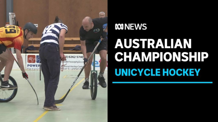 Australian Championship, Unicycle Hockey: Two unicyclists face off as a referee stands between them.