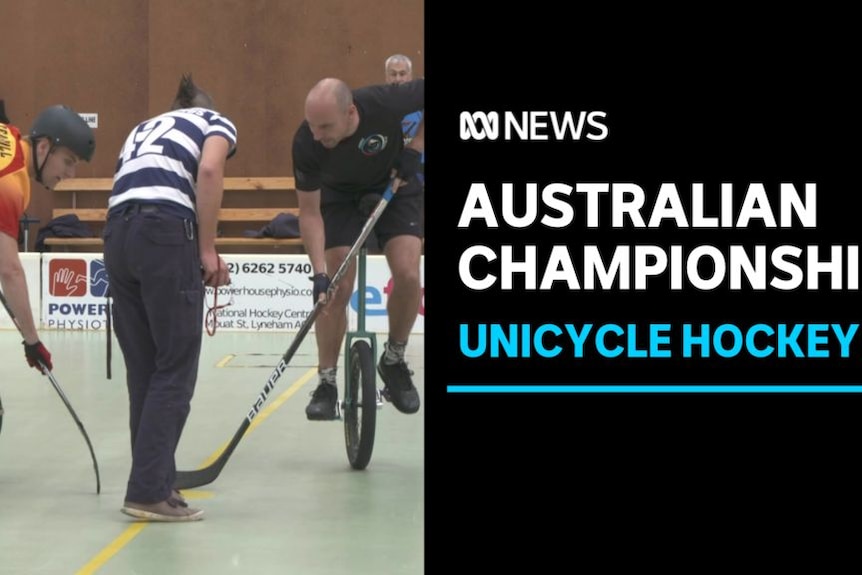 Australian Championship, Unicycle Hockey: Two unicyclists face off as a referee stands between them.