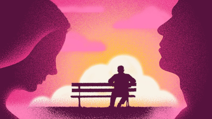 An illustration shows a silhouette of a man sitting on a bench. A man and a woman watch on from.