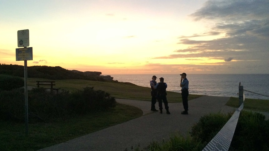 Three police officers overlook a cliff in Sydney's east.