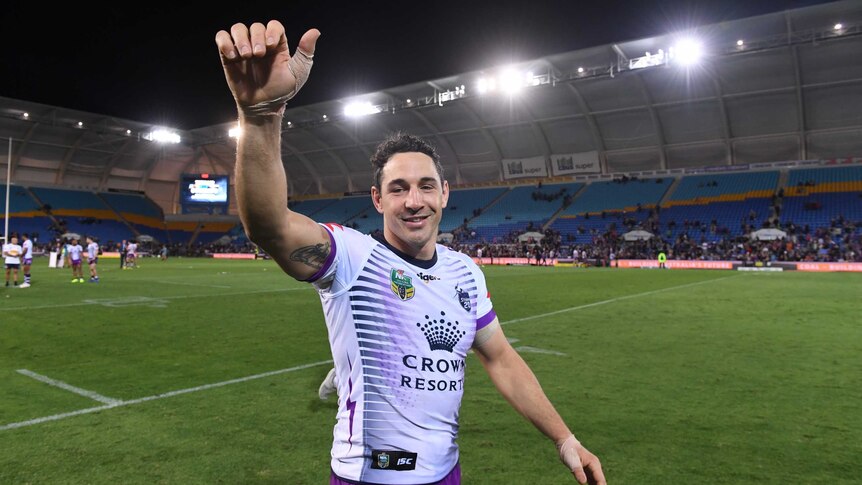 Billy Slater of the Storm waves goodbye to crowd following his last game in Queensland at Robina.