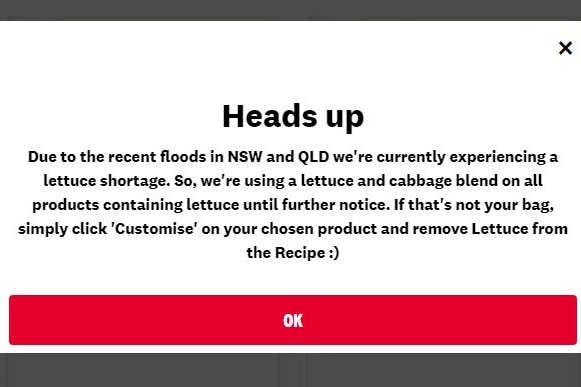 A notice on KFC's website and in stores warns customers to expect cabbage, not lettuce, as shortages loom.