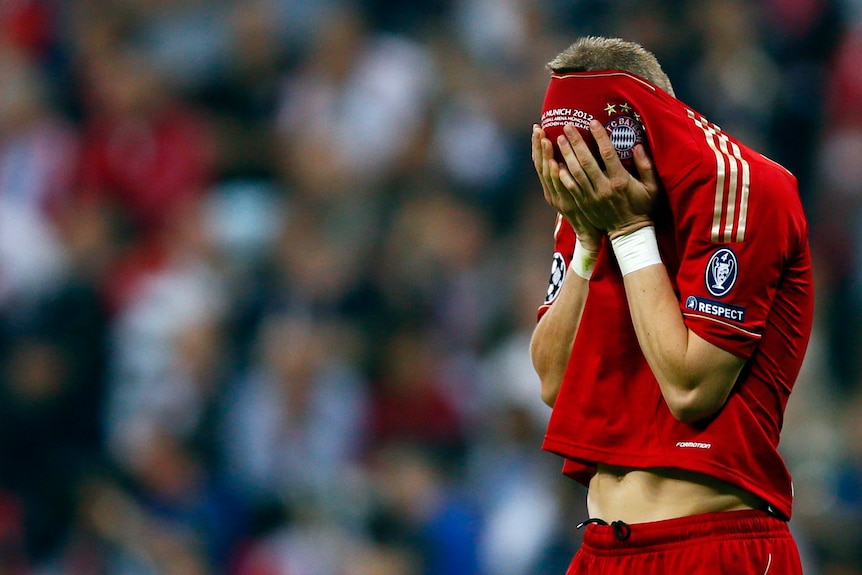 Nowhere to hide: Bayern skipper Bastian Schweinsteiger after missing from the spot.