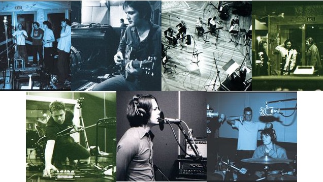 A collage of seven small in-studio photos of Powderfinger making their album Odyssey Number Five