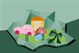 An illustration of a car, house, health kit and book in an opened gift box