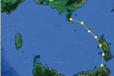 Map showing the route taken by a trio of paddleboarders across Bass Strait.