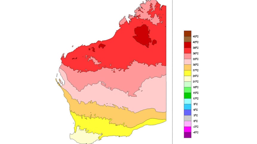 Map of Western Australia shaded in red and yellow to show median temperatures in April.