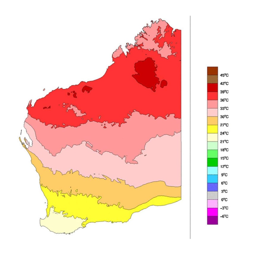 Map of Western Australia shaded in red and yellow to show median temperatures in April.