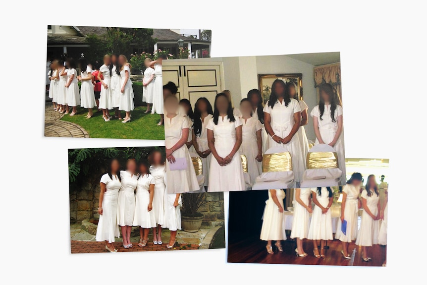 Four photos of unidentifiable young women posing wearing matching white dresses.