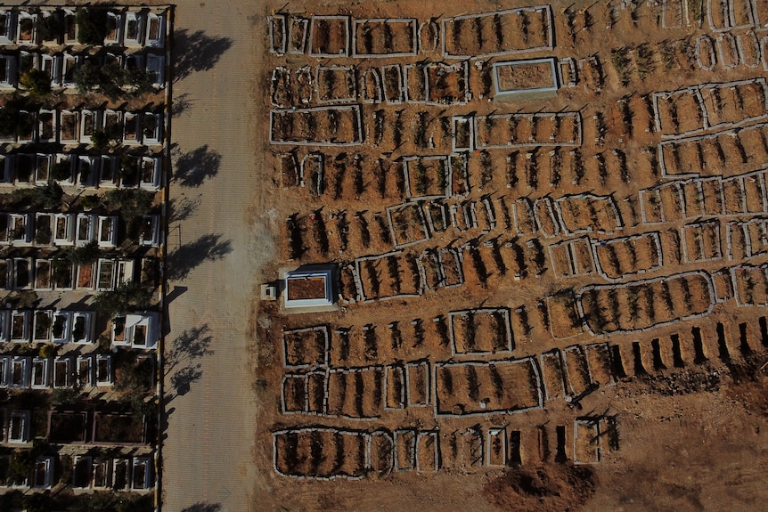 A view from above showing tombstones and graves. 