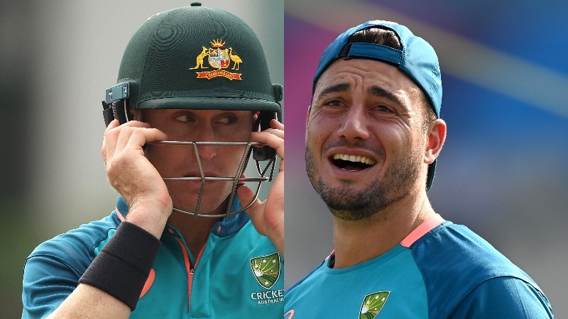 A split-screen image of two members of the Australian cricket team in training gear - one wearing a helmet, one with a cap.
