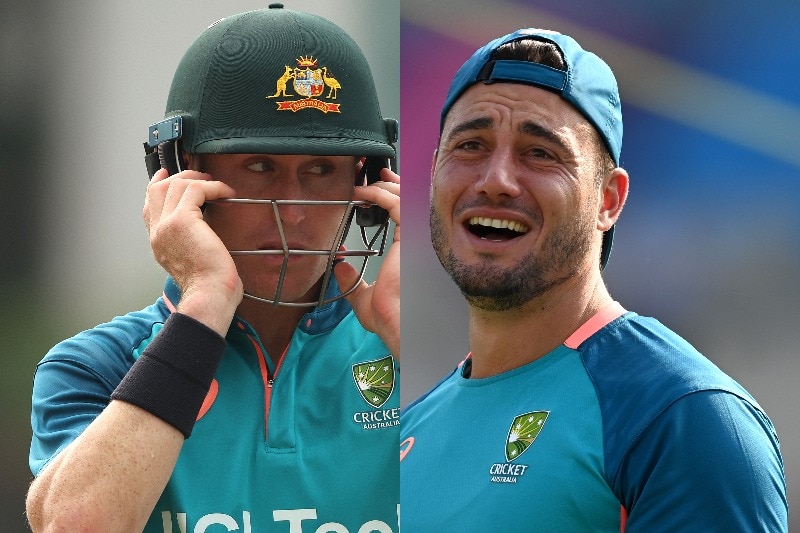 A split-screen image of two members of the Australian cricket team in training gear - one wearing a helmet, one with a cap.