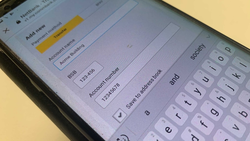 Phone screen showing internet bank transfer page