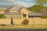 A woman exercises along a typical Brisbane street, in an image created by realist artist Robert Brownhall.
