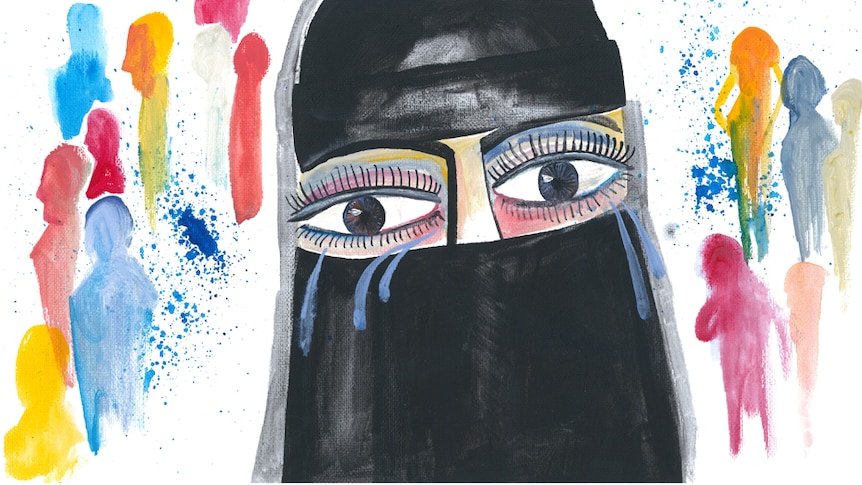 An illustration shows a woman wearing a niqab, crying.