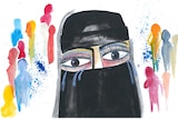 An illustration shows a woman wearing a niqab, crying.