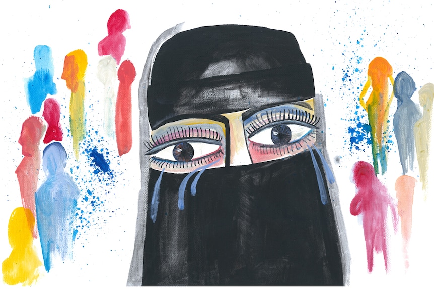 An illustration shows a woman wearing a niqab, crying.