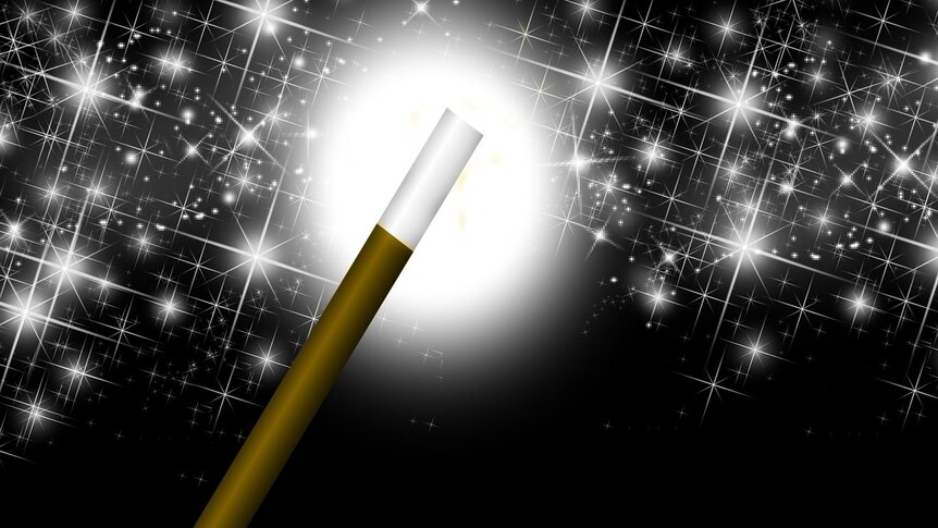 Black background with twinkling stars and a gold and white wand