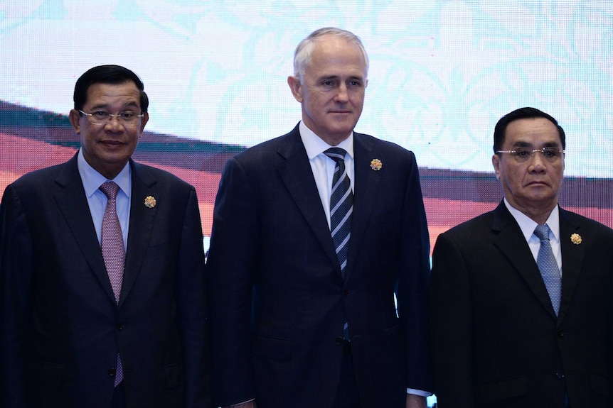 Cambodia's prime minister Hun Sen, Australian Prime Minister Malcolm Turnbull and Laos prime minister Thongsing Thammavong