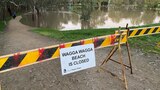 A sign saying Wagga Beach is closed near a large body of water