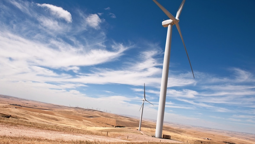 Wind turbines  on farm land. 