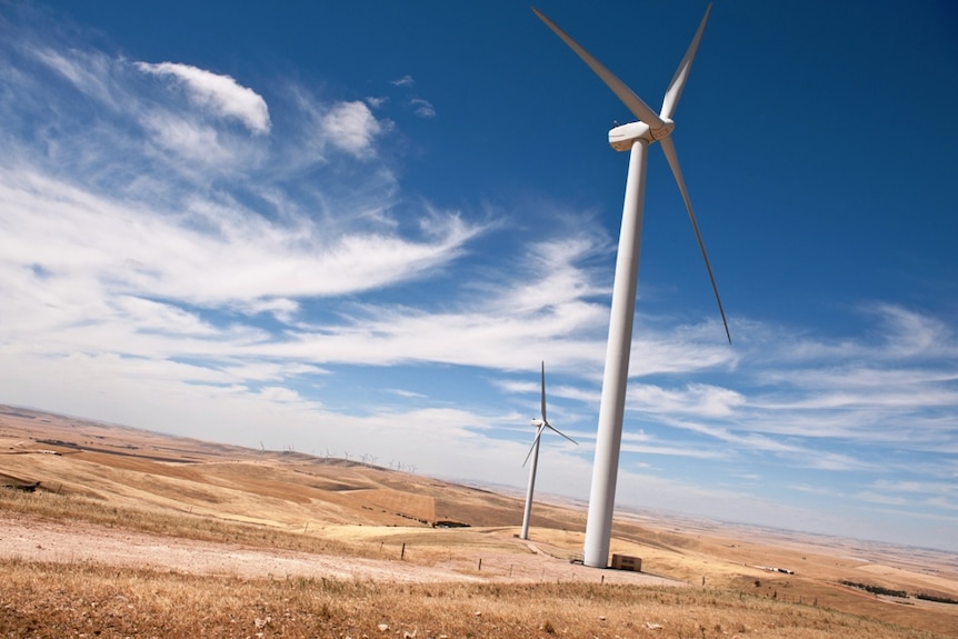 A shot of two of the wind turbines near Snowtown, South Australia 