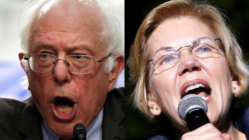 A composite image showing Senators Bernie Sanders and Elizabeth Warren, both speaking into microphones.