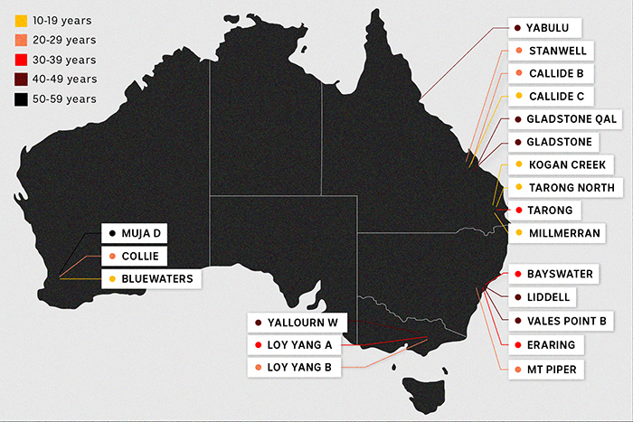 Map showing locations and age of coal fired power stations in Australia