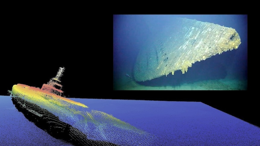 A scan of the USS Grayback and inset, an image of the submarine on the ocean floor