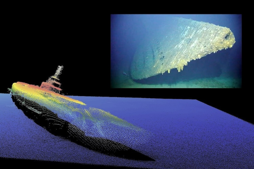 A scan of the USS Grayback and inset, an image of the submarine on the ocean floor