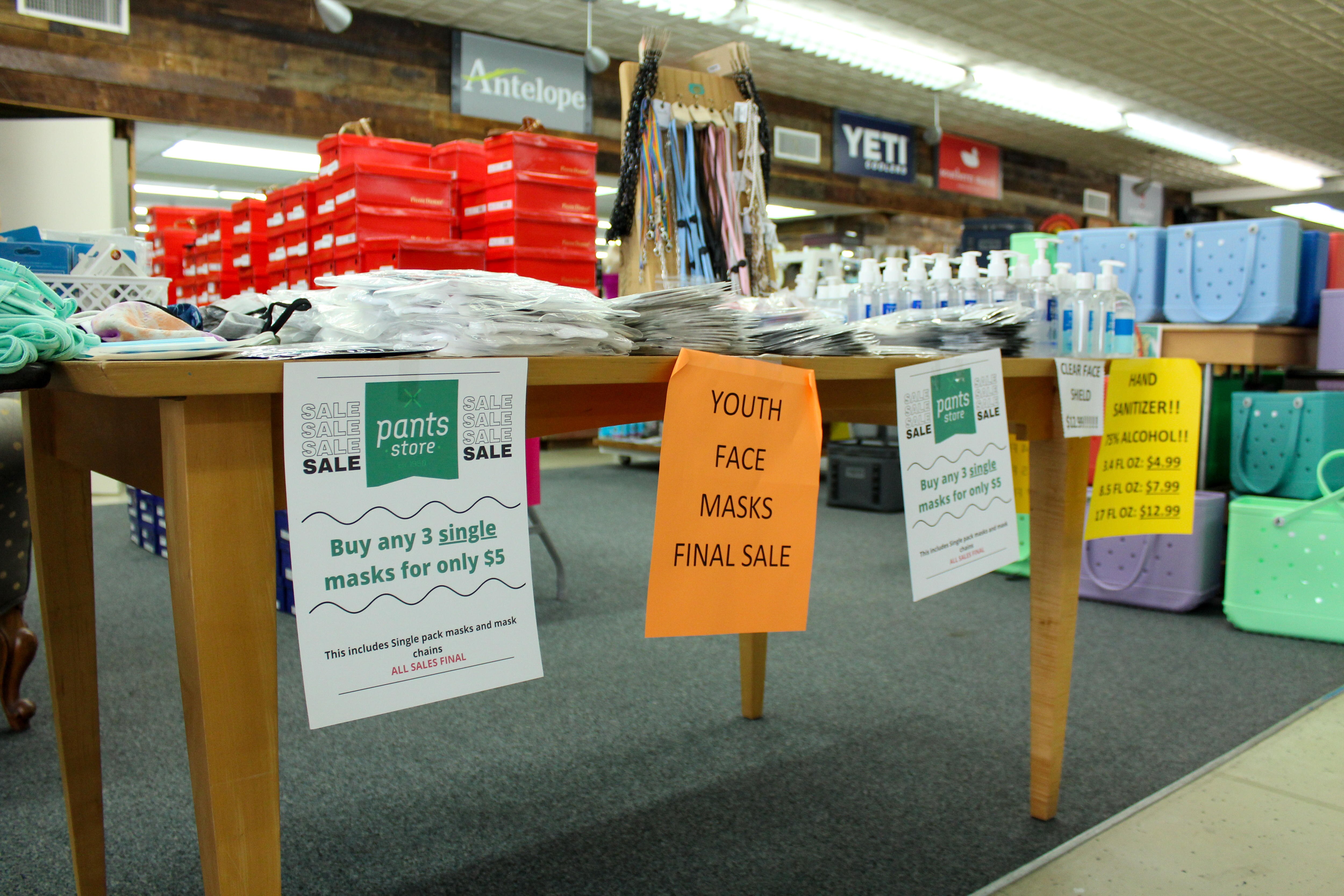 A table full of face masks and hand santiser bears 