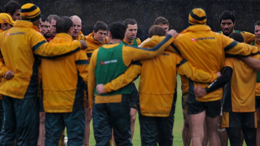 Australian rugby union players form a huddle during a training session in Sydney