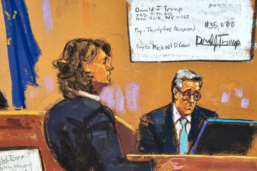 A court sketch shows Michael Cohen on the stand wih a cheque signed by Donald Trump on a screen behind him..