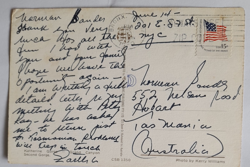 Postcard with writing on it about meeting with politician Peter Rae