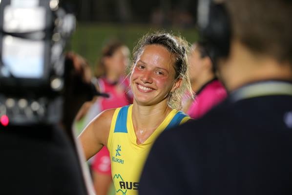 Hometown favourite Brooke Peris smiles for the cameras during the Hockeyroos visit to Darwin.