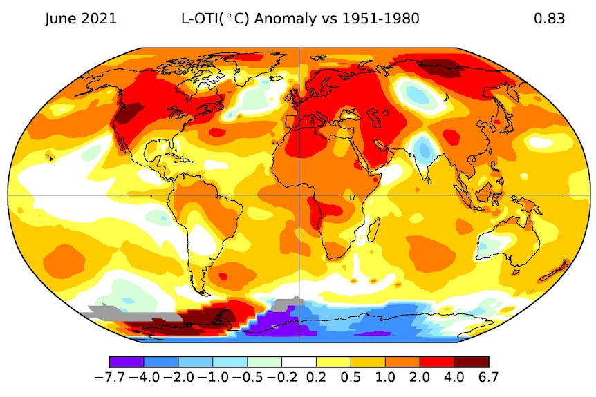 Heat map of land-ocean temperature index anomaly in June 2021 relative to the 1951-1980 base period.