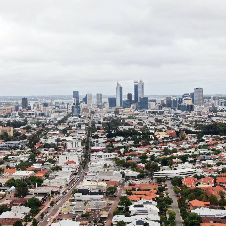 A drone shot of The Perth CBD and surrounding areas with Mount Lawley and Highgate in the foreground.
