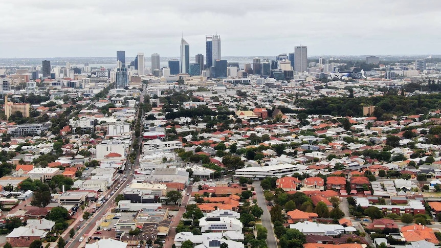 A drone shot of The Perth CBD and surrounding areas with Mount Lawley and Highgate in the foreground.