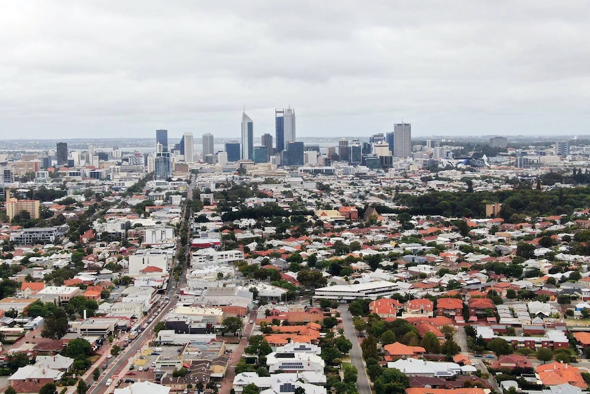 A drone shot of The Perth CBD and surrounding areas with Mount Lawley and Highgate in the foreground.