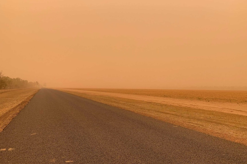 The sky above a long tar road is orange